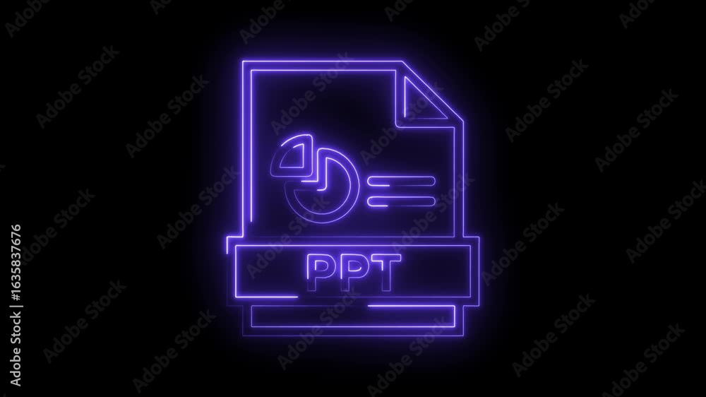 Poster glowing neon purple p t presentation file icon with pie chart and text on transparent black backgrou