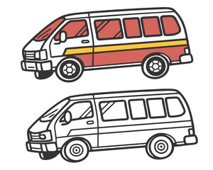Vector art of two vans, one colored and one outline, shown from the side isolated on a white background