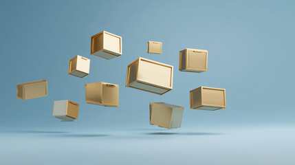 Abstract e-commerce concept with floating geometric boxes against a gradient, symbolizing online shopping simplicity.