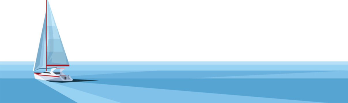 Sailboat sailing on blue ocean water. Vector illustration of a yacht with white sails for web banner design. Modern minimalist maritime scene with geometric waves and a nautical theme.