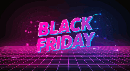 Naklejka premium Black Friday typography art in neon style on dark background 