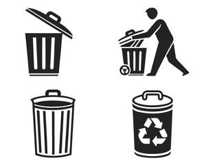 Vector art of collection of trash and recycling icons, including a person disposing of waste in a bin, isolated on white background