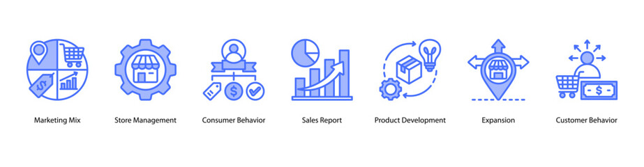 Retail and Product Strategy web banner icon vector illustration featuring Marketing Mix, Store Management, Consumer Behavior, Sales Report, Product Development, Expansion, and Customer Behavior.