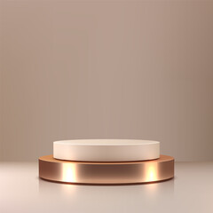 product display mockup with elegant two tiered podium featuring off white cylinder and gold base on neutral beige background for luxury showcase and minimalist branding design