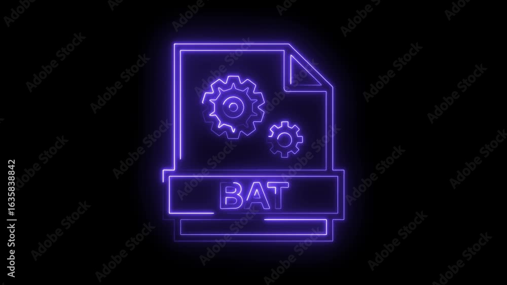 Poster glowing purple neon b a t file icon with gears inside representing technology automation and digital