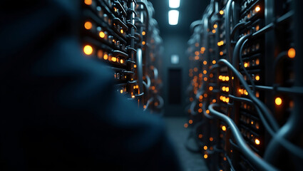 Glow of server room lights and cables connection