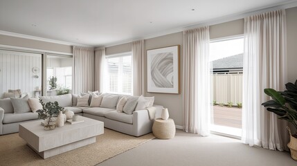 Fototapeta premium Scandinavian-inspired living space with neutral tones and abstract art, radiating modern comfort.