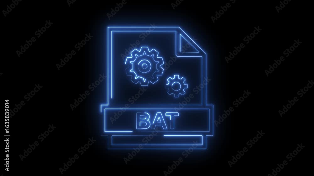 Poster glowing blue neon b a t file icon with gears inside representing automation technology and digital