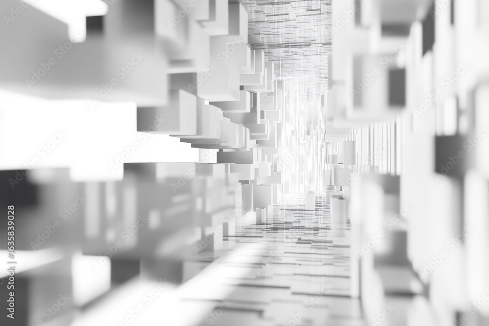 Poster white shapes moving through a digital corridor of binary coding in a futuristic environment, white s