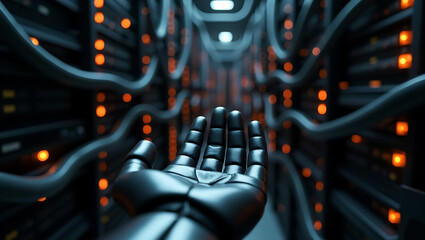 Robotic hand reaching out in futuristic server room cable connection