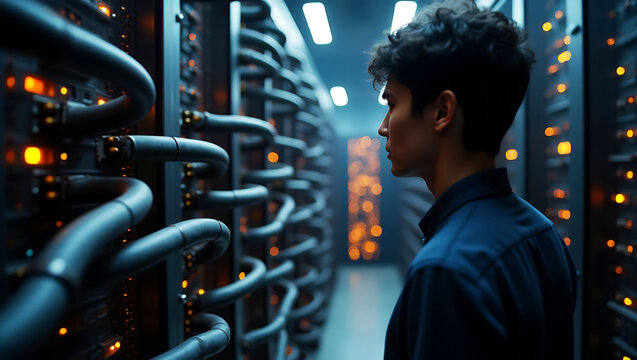 Technician inspects rows of server cables in data center cable connection