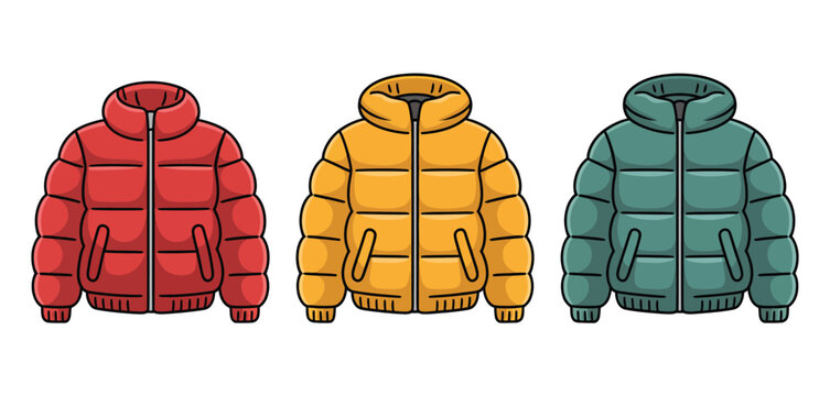 Three puffy winter jackets in red yellow and green