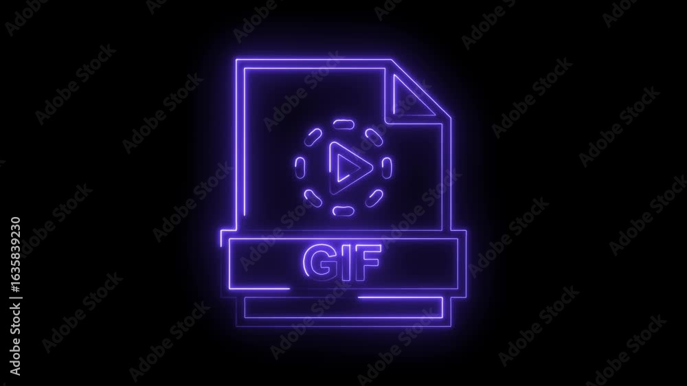 Poster glowing neon purple g i f file icon with play button and animated elements on a transparent black