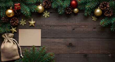 fir branches with Christmas decor on old dark wooden background