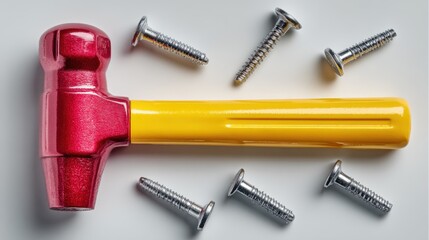 Fototapeta premium Bright red and yellow toy hammer with oversized nails on a white background