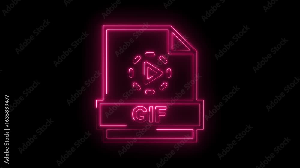 Poster glowing pink neon g i f file icon with play button animation and abstract elements on a transparent 