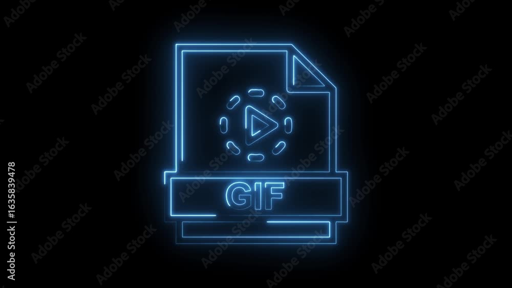 Poster glowing blue neon g i f file icon with play symbol and animated elements on transparent black backgr