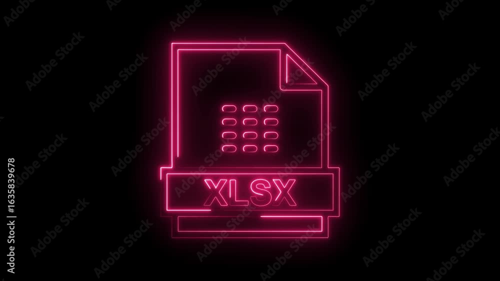 Poster glowing neon xlsx file icon with grid pattern and transparent background bright pink light symbol fo