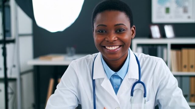 Friendly black female doctor in clinic smiling, wearing lab coat and stethoscope