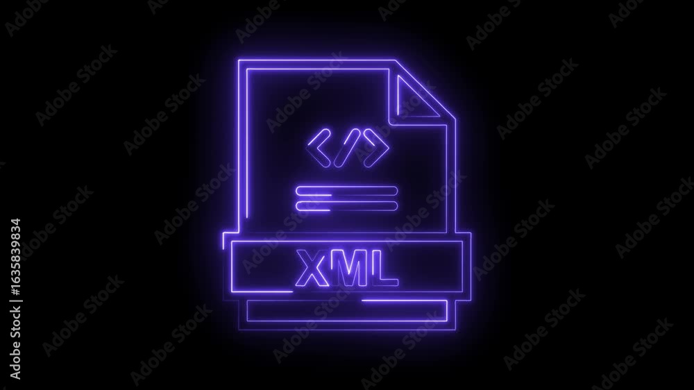 Aufkleber glowing purple neon x m l file icon animation on black background representing data structure progra