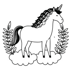 Vector art of a whimsical black and white illustration of a unicorn standing on clouds with decorative foliage, isolated on white background