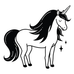 Vector art of a whimsical illustration of a unicorn with a flowing mane and tail, isolated on a white background