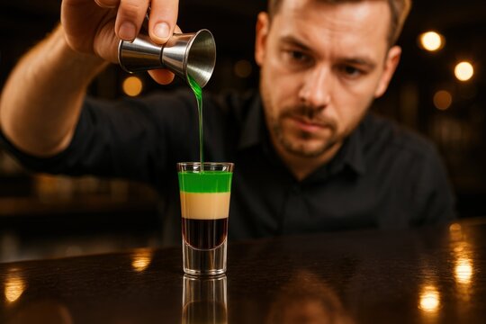 Bartender skillfully pouring colorful layered shot at a lively bar in the evening