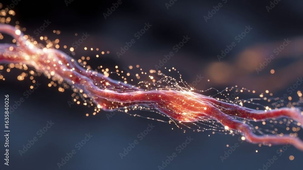 Poster highspeed sequence showing glowing impulse zipping along axonal fibers demonstrating muscle response