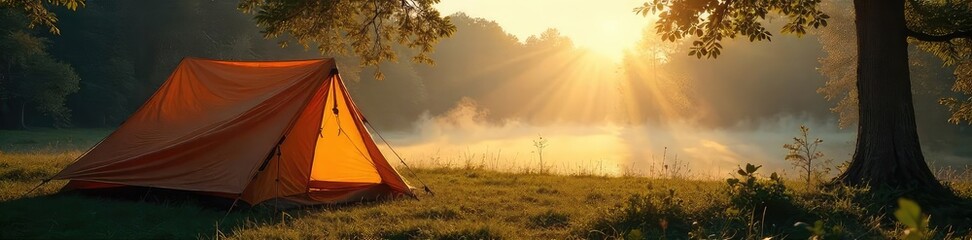 Fototapeta premium Tranquil Sunrise Misty Landscape Seen from a Canvas Tent, Dew-Kissed Foliage and Streaming Sunlight Illuminate a Peaceful Morning Adventure