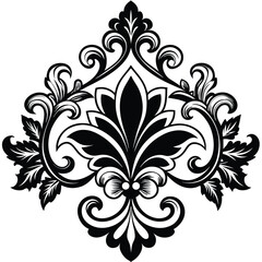 Vector art of ornate black and white damask floral design element isolated on white background
