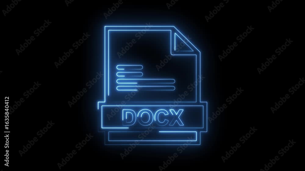 Poster glowing blue neon d o c x file icon animation with transparent background and futuristic digital doc