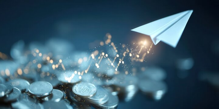 Financial wellness concept A paper airplane flying over coins with digital graph overlay. - Powered by Adobe