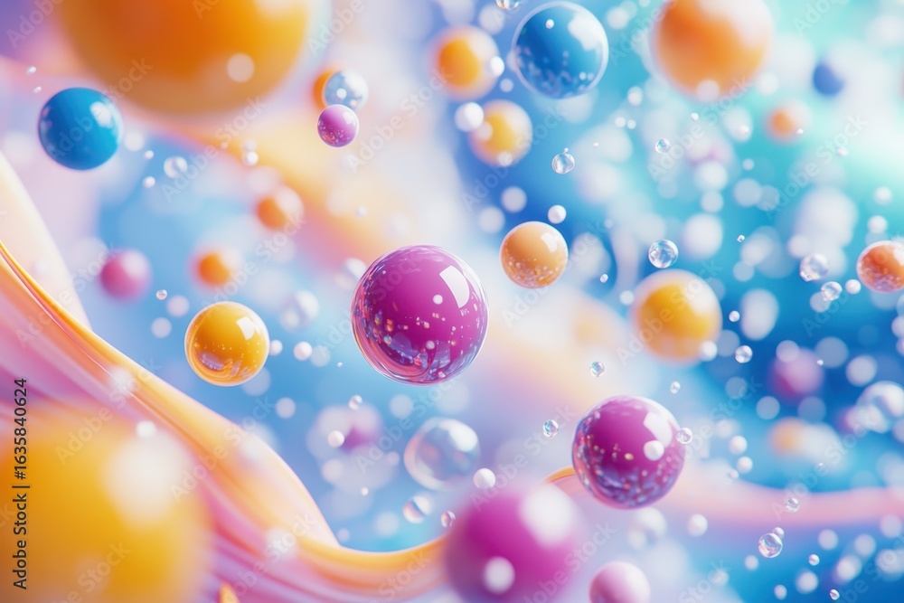 Poster molecules floating over a multi-colored abstract background with vibrant spheres and dynamic movemen