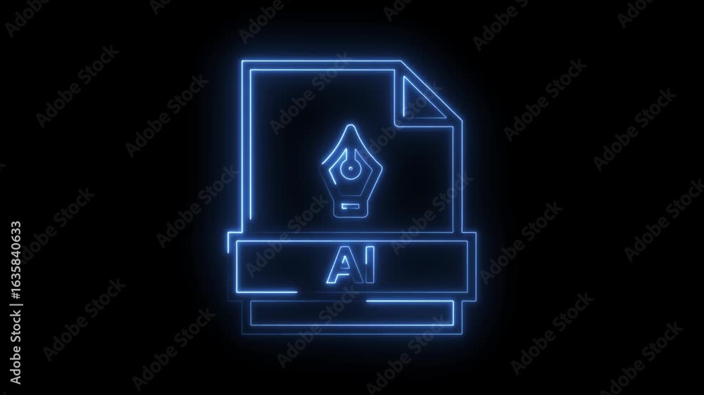 Poster glowing blue neon a i file icon with pen nib symbol on transparent black background futuristic digit