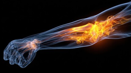 Dynamic graphic of elbow anatomy with extensor tendon origin igniting bright orange flames symbolizing inflammation from repetitive strain injury.