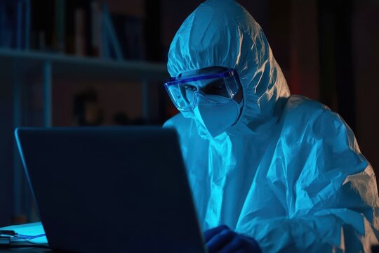 Scientist conducts research on new vaccine while wearing protective gear in a laboratory setting, scientist using a laptop while researching a new vaccine