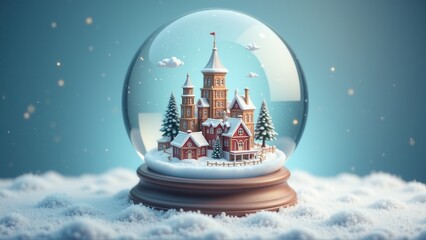 A whimsical snow globe encases a charming winter village with a cozy, nostalgic, and dreamy mood.