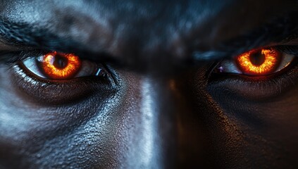 The eyes of an evil man with glowing red and orange irises, the rest is dark gray skin, photorealistic, cinematic.
