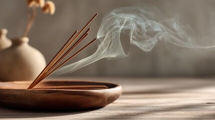 Incense sticks release gentle smoke from a minimalist wooden plate on a light wood surface
