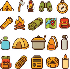 20 Cartoon Vector Icons of Camping and Outdoor Gear Set