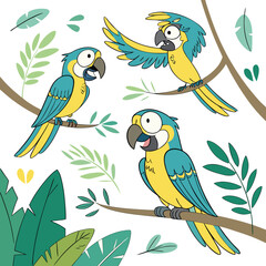 Vector art of three colorful parrots perched on branches with tropical foliage, a vibrant jungle scene
