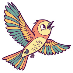 Vector art of cute cartoon bird with colorful wings flying and singing, isolated on white background