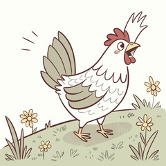 Vector art of a cartoon chicken standing in a grassy field with flowers, looking surprised