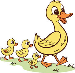 Vector art of a mother duck and her three ducklings walking in a line on the grass