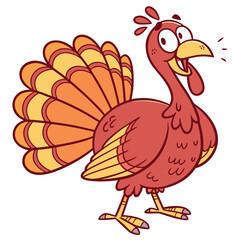 Vector art of a happy cartoon turkey with its tail feathers fanned out, isolated on a white background