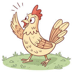 Vector art of a cheerful cartoon chicken standing on grass with its wing raised in a greeting gesture
