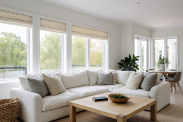 minimalist smart home featuring large that invite soft morning light into tranquil setting