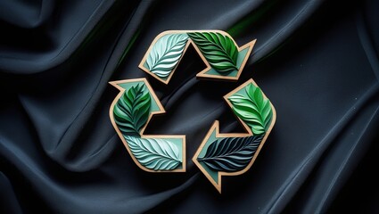 A white wristwatch featuring a brown leather strap placed on a brown surface.
Wooden recycling emblem adorned with green leaves set against a dark backdrop
