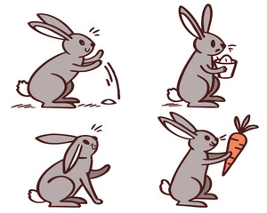 Vector art of cute cartoon bunny in various poses, eating a carrot and playing isolated on white background