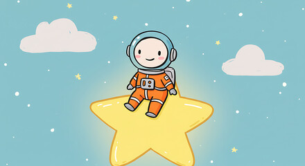 Astronaut Sitting on a Star Cartoon Illustration in Space